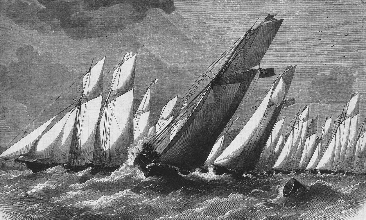 1868年のロイヤル・ヴィクトリア・ヨット・クラブの海上レース - 彫刻、Bibl.des Arts deco. 作： 無名の画家