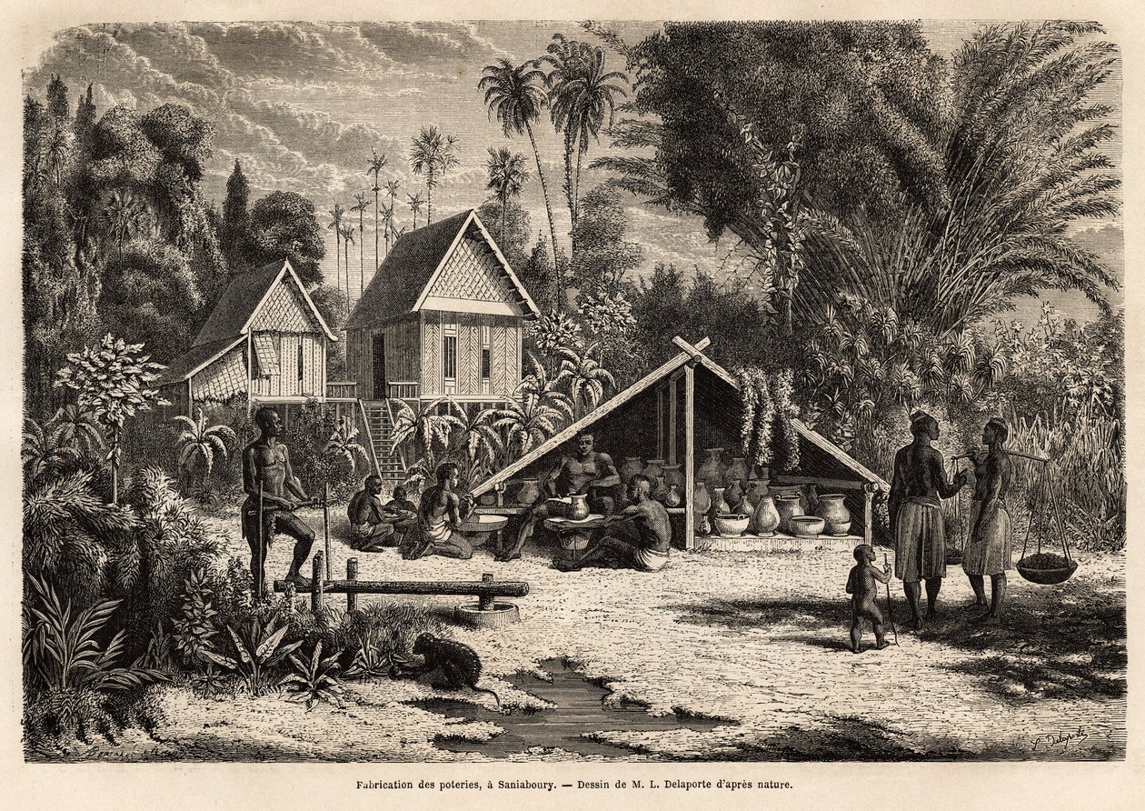 サニアブーリー（ラオス）での陶器の生産。ヴァイスソー中尉フランシス・ガルニエが1866年から1868年にかけて行ったインドシナ探検航海を説明するためのエングレーヴィングで、「Le tour du monde」1870年から1871年、エドゥアール・シャルトン編、Hac版に掲載されています。 作： 無名の画家