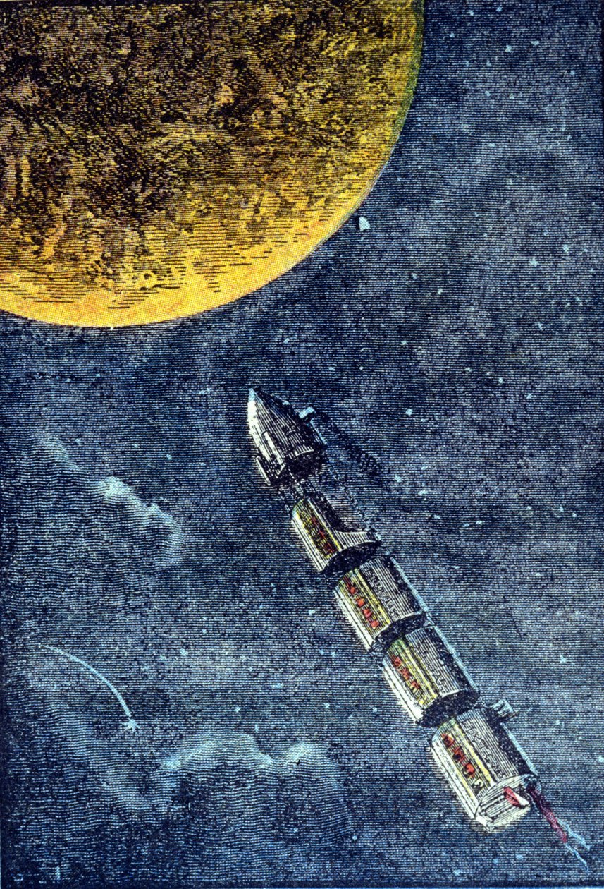 ジュール・ヴェルヌの「地球から月へ」に登場する、宇宙に打ち上げられたロケットが月に到着するまでの重力。 作： 無名の画家