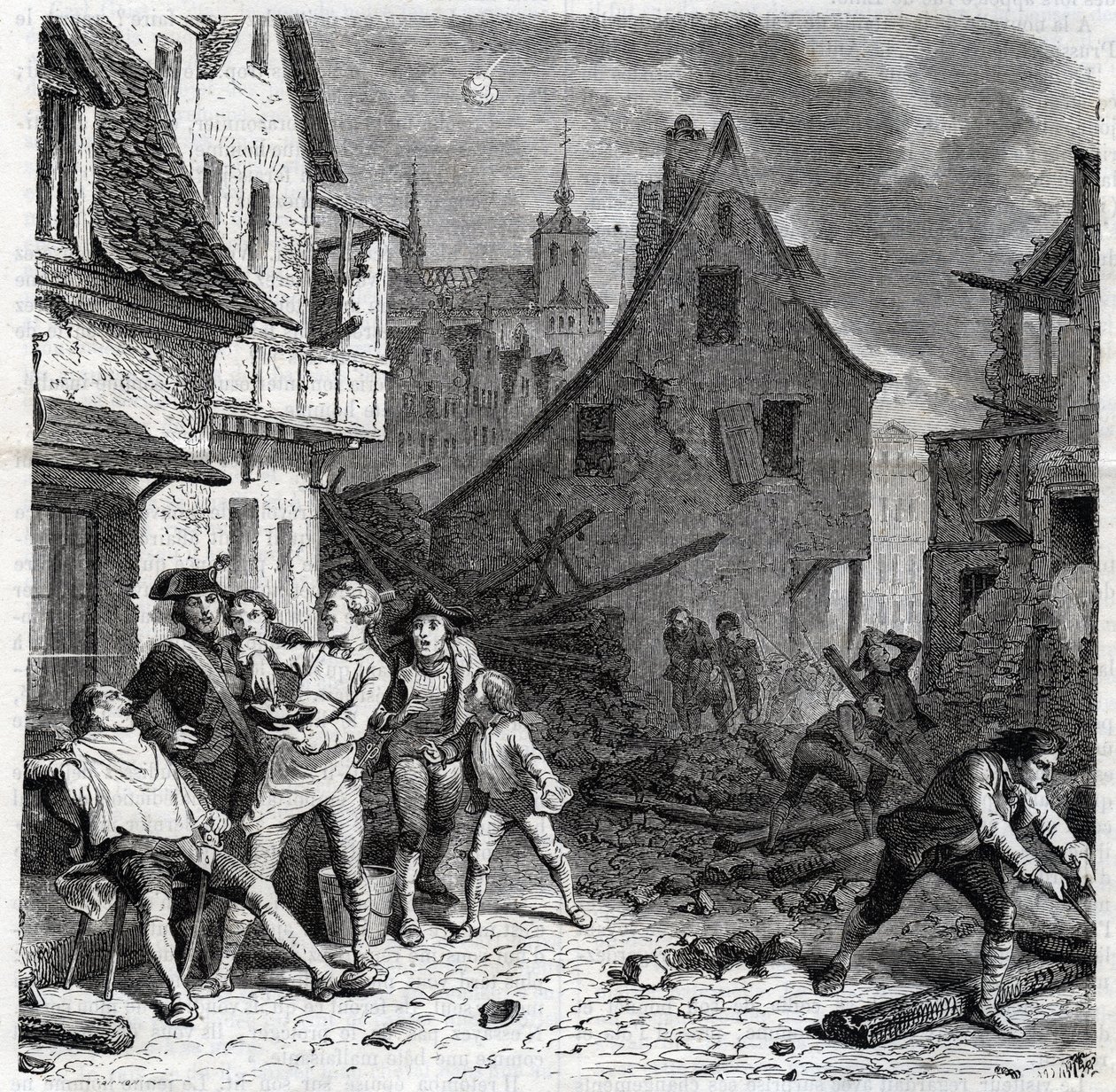 リールのシェービングディッシュ。フランス革命戦争中の1792年のリール包囲戦でのエピソード - Le siege de Lille en octobre 1792 - Revolution francaise - Bombardement by Austrians and Prussians - Barber uses half a bomb as a beard dish - engraving 作： 無名の画家