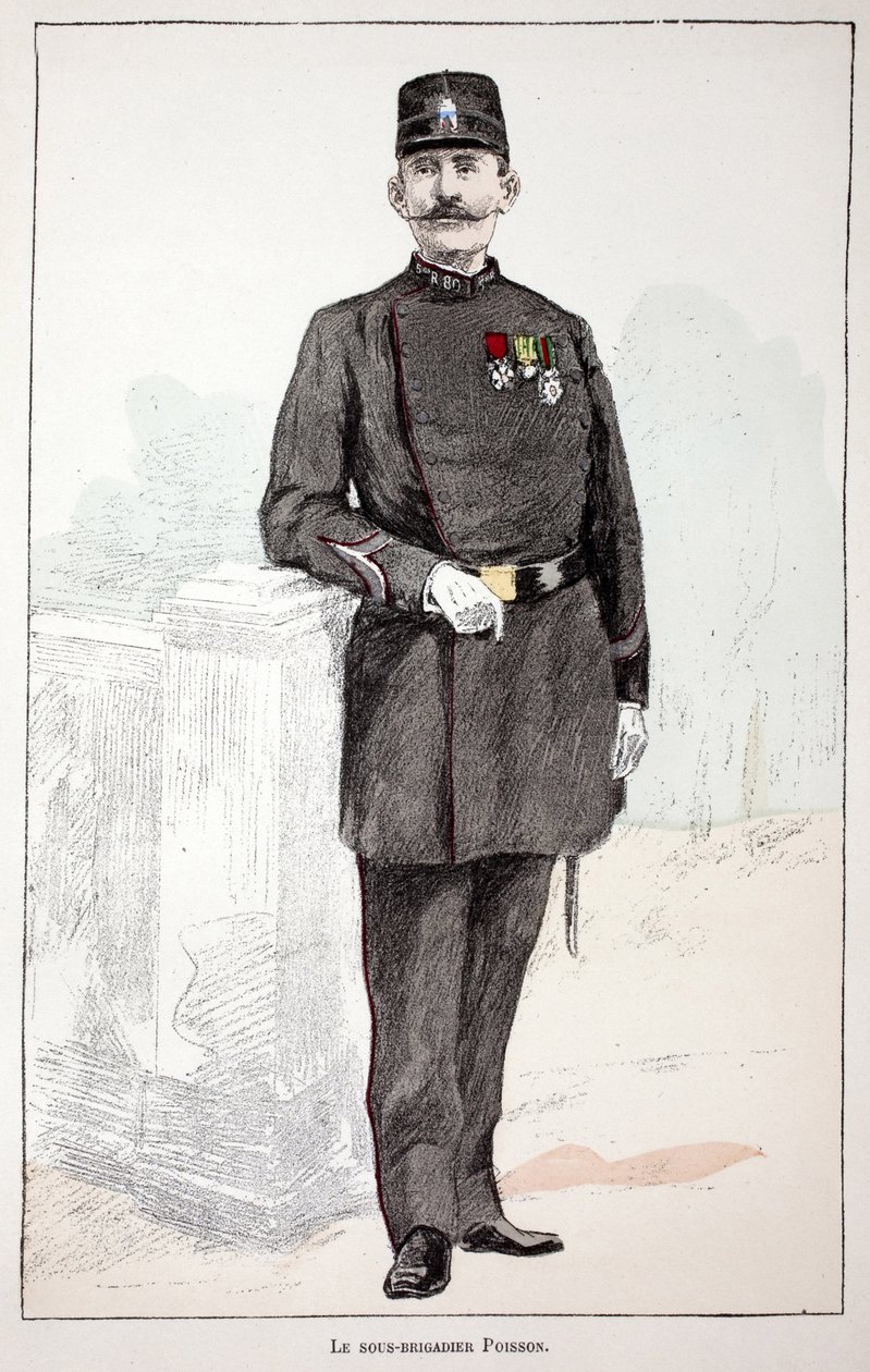 サブブリガディア（副軍人）のポワソンです。アルフレッド・レイ(1864-?)とルイ・ルピーヌ(1846-1933)がセーヌ川警部補の後援で出版した本「平和の戦士たちの歴史」の挿絵のためのカラー・エッチング。 作： 無名の画家