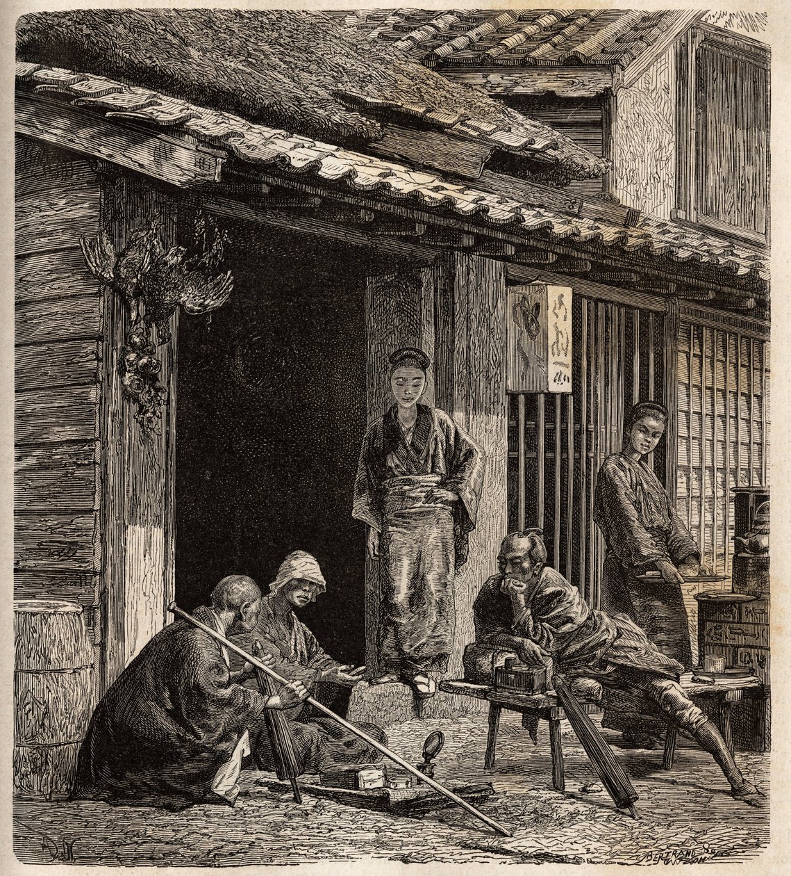 日本の村の旅館の敷居で、女将が常連客の接待をしている。1863年から1864年にかけての日本への航海を説明するために、スイス連邦公使のアイム・アンベールが「Le tour du monde, nouveau journal des vo」に描いた版画。 作： 無名の画家
