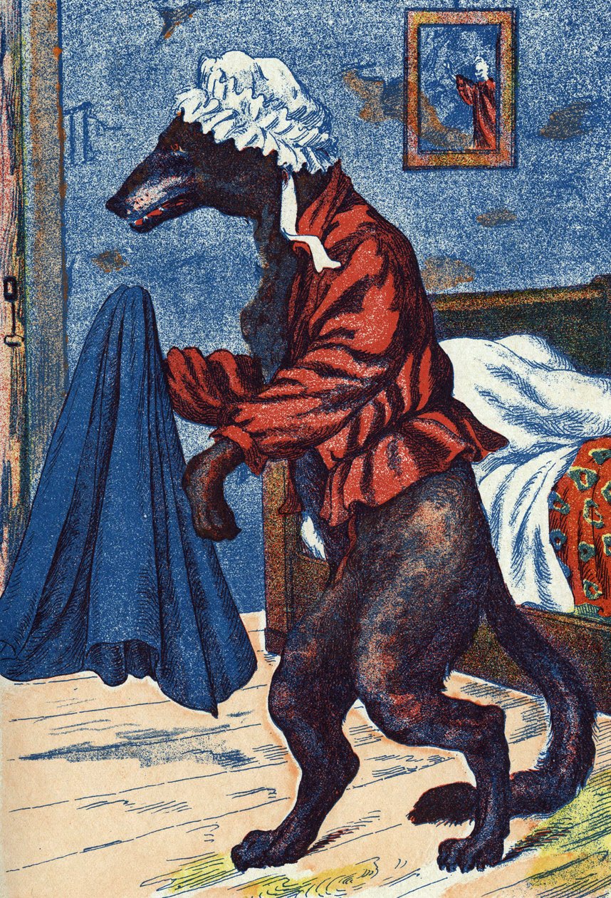 狼がおばあさんの服を着る。フランスの作家シャルル・ペロー（1628-1703）の物語「赤ずきんちゃん」の匿名の挿絵。イメージ：Marcel Vagne, Jarville Nancy, undated (19世紀後半). 作： 無名の画家