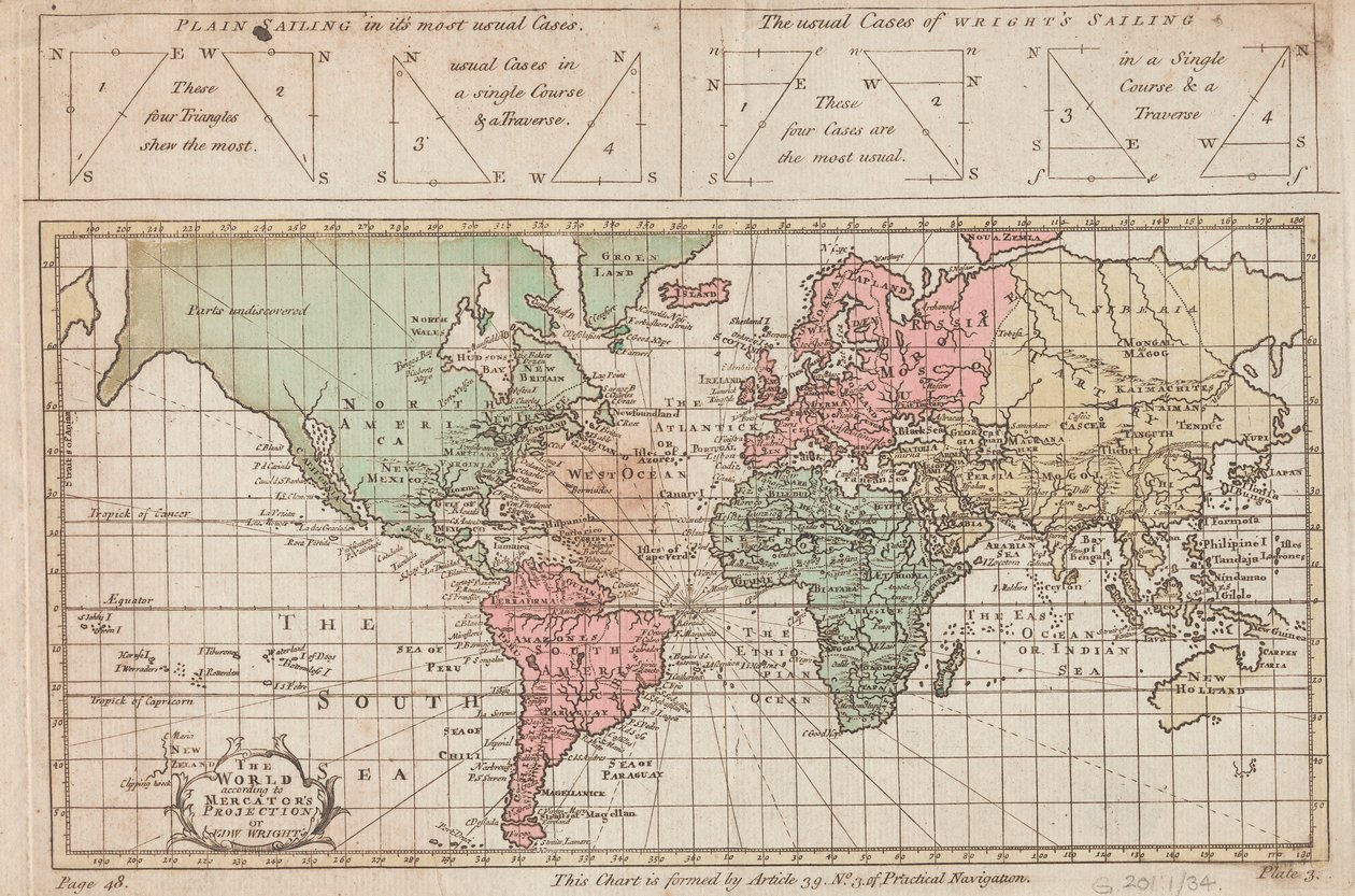 メルカトル図法またはエドゥ・ライト図法による世界、1730年頃（エングレーヴィング） 作： 無名の画家
