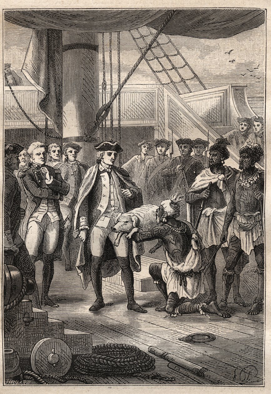 キャプテン・ジェームズ・クック(1728-1779)の第3回目の航海(1776-1779)。レゾリューション号（ハワイ）に乗ったクックに子豚を差し出すコア神父 - "The Great Mariners of the 18th century "より引用 作： 無名の画家