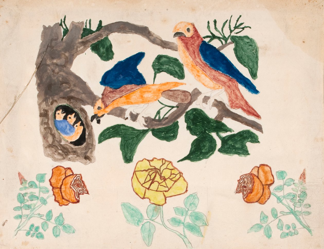 三本のバラと小鳥の家族 作： 無名の画家