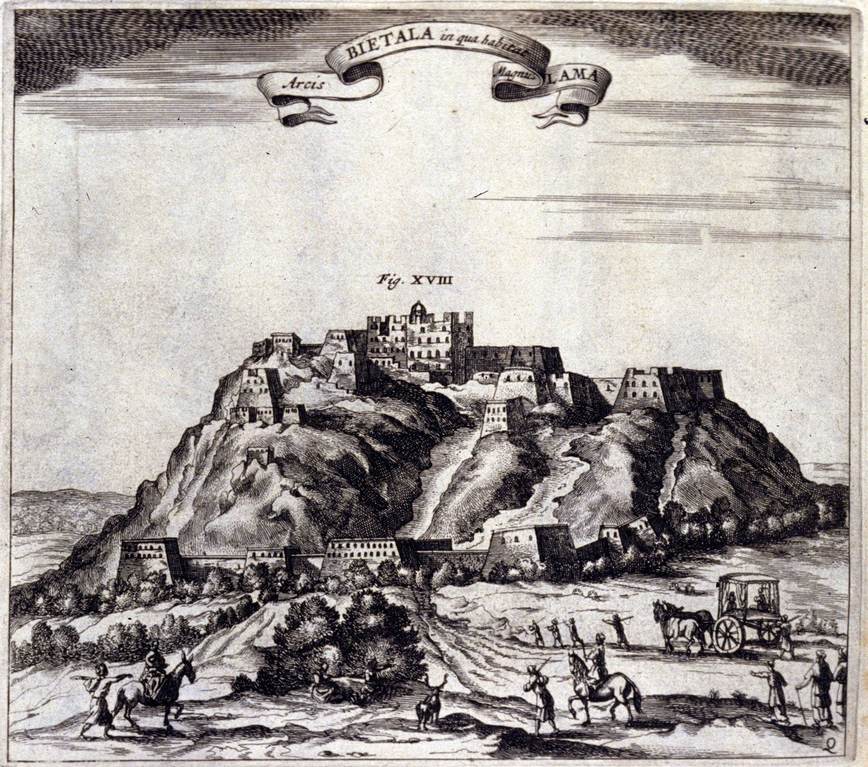 チベット。ラサのポタラ（ダライ・ラマの宮殿）の眺め。アタナシウス・キルヒャー（1601〜1680）の "De China Monumenta "は、イエズス会、東洋学者、ドイツ人学者で、アムステルダムで1667年に出版されました。 作： 無名の画家