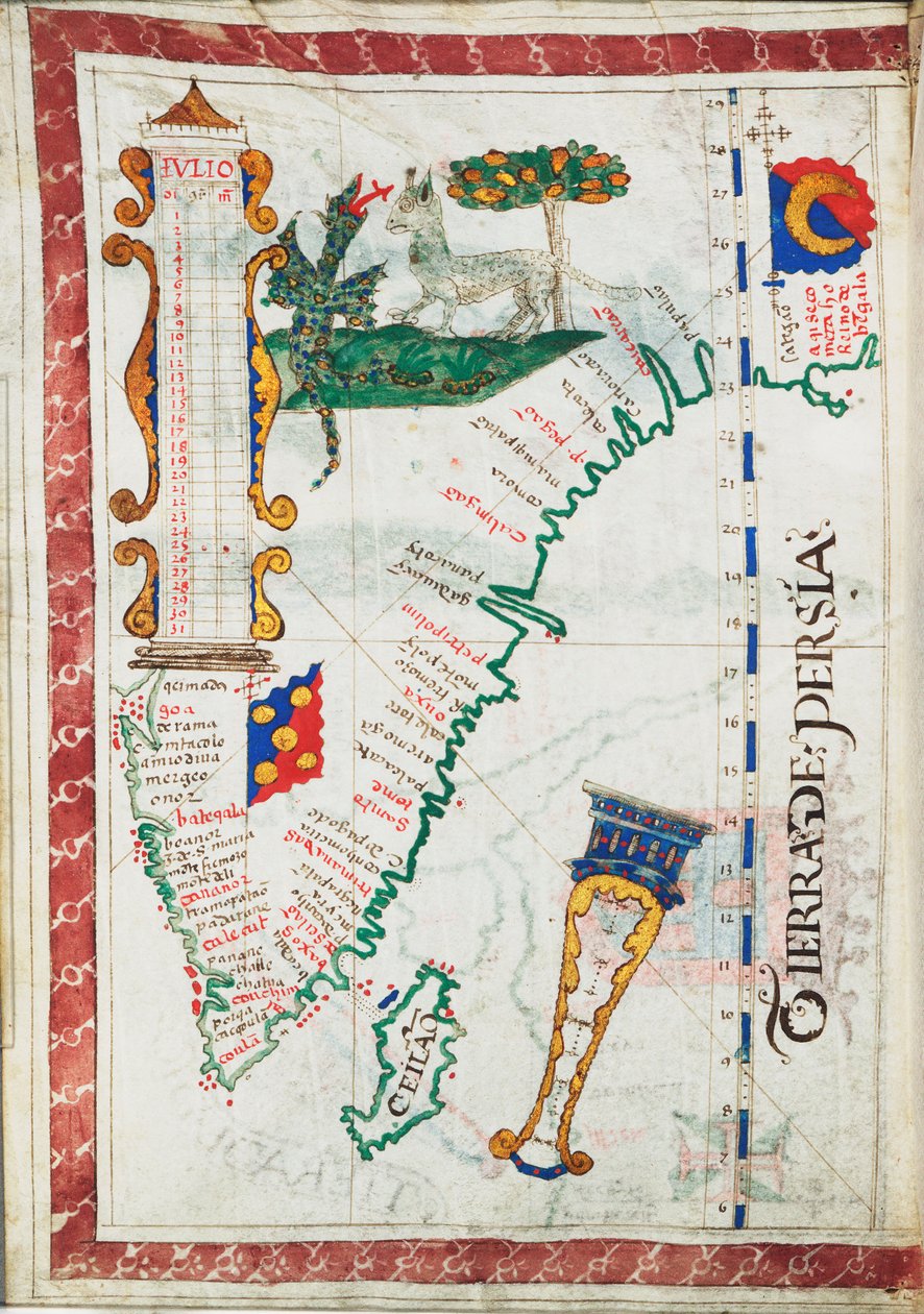 Tierra de Persia」、縮尺：1:13 500 000頃、南インドとスリランカを追加表示、1550-60年頃（ベラム紙） 作： 無名の画家