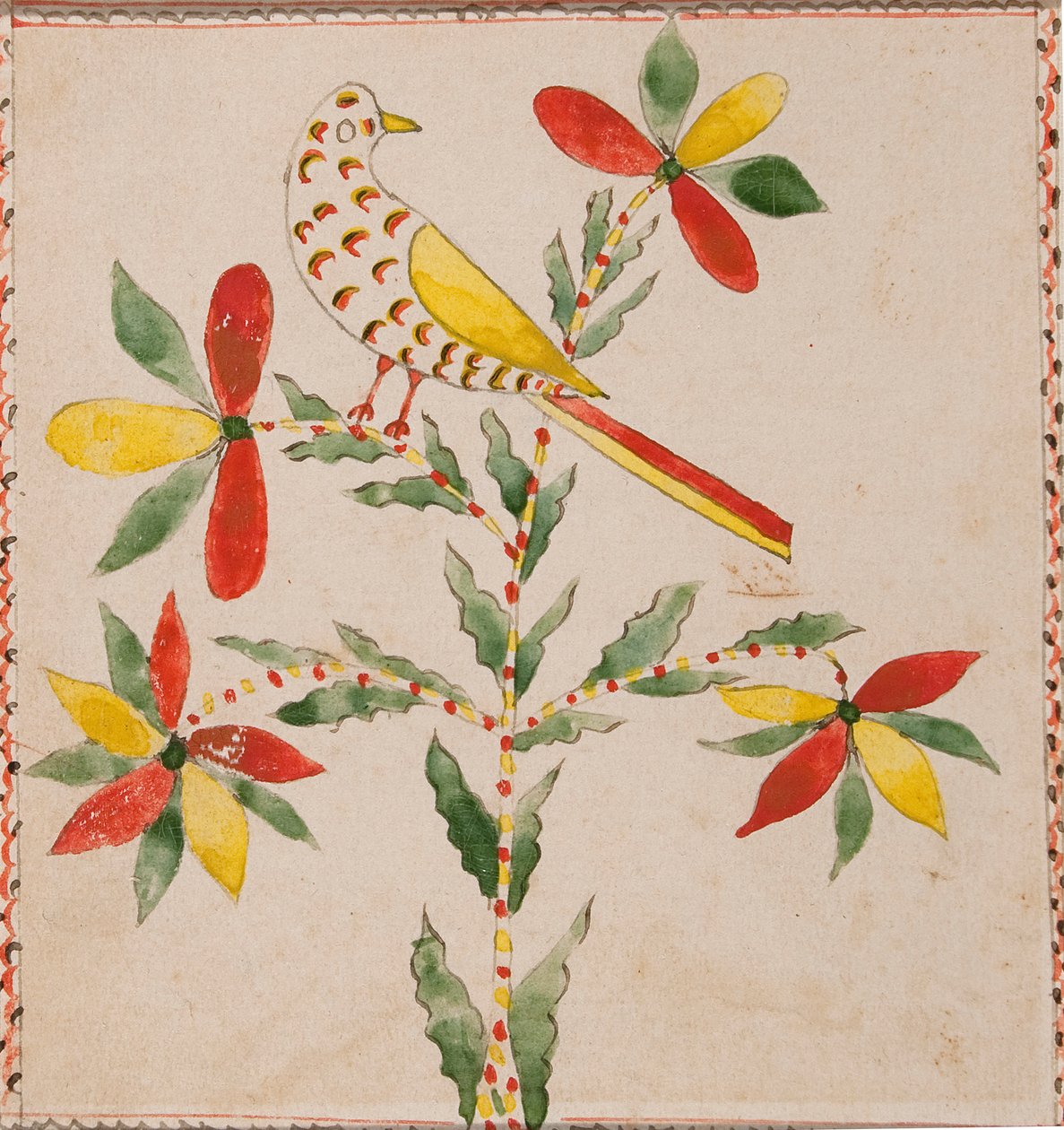 開花枝の小さな黄色と赤の鳥 作： 無名の画家