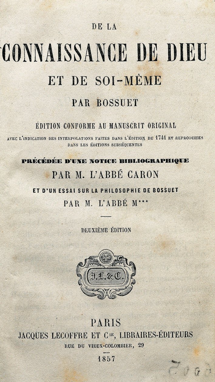 フランスの神学者・司教Jacques-Benigne (Jacques Benigne) Bossuet (1627-1704)による『神と自己そのものの知識』のタイトルページ。1857. 作： 無名の画家