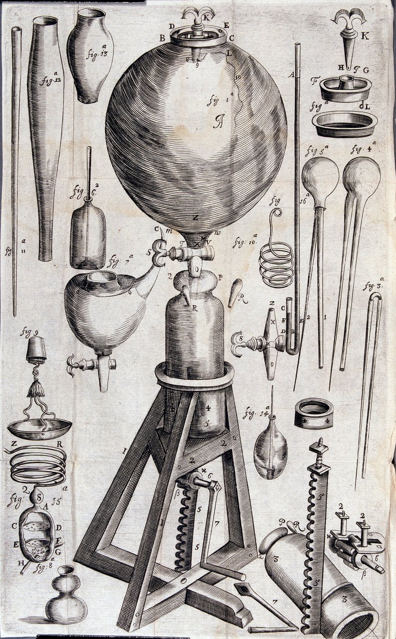 科学実験のための道具 - ロバート・ボイルの「Nova experimenta physico-mechanica de vi aeris elastica, et ejudem effectibus, facta maximam partem in nova machina pneumatica」の中で。 作： 無名の画家