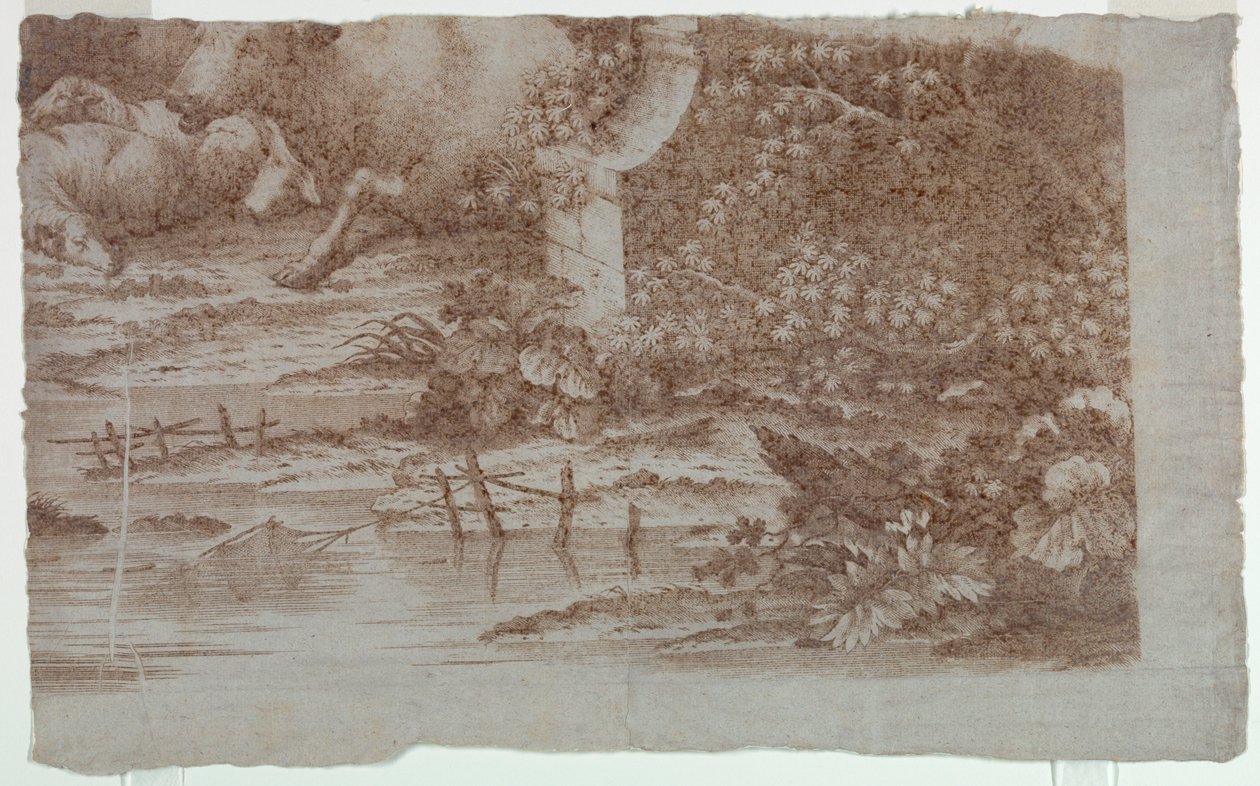 木綿捺染の試作品「孔雀と家禽の田園風景」 作： 無名の画家