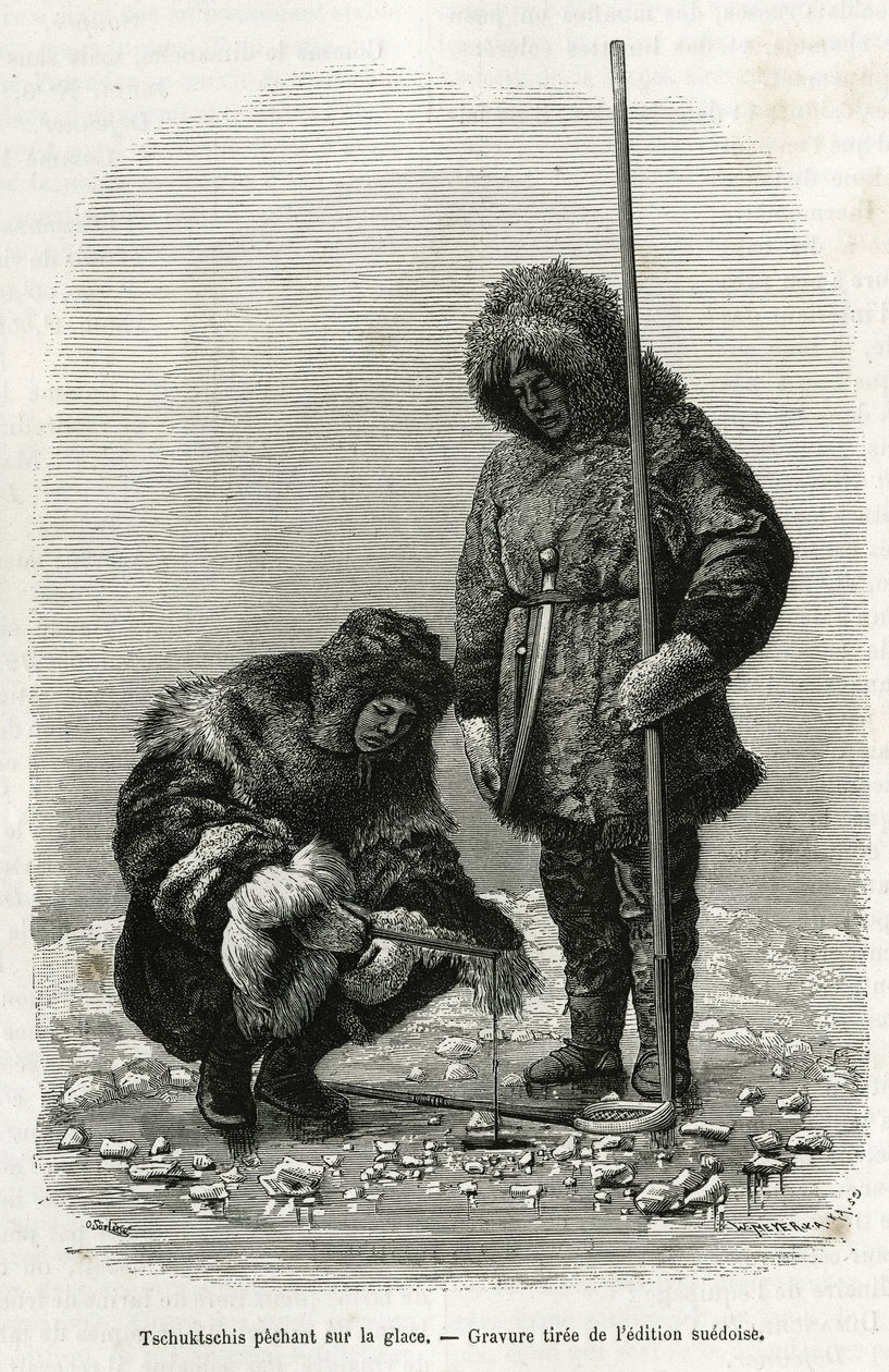 Tschuktschen fischen auf Eis in der Koljutschin-Bucht (Polarkreis). Gravur aus der schwedischen Ausgabe, zur Illustration der Geschichte „Reise der Vega um Asien und Europa“, von Nils Adolf Erik (Eric) Baron Nordenskjöld (Nordenskiöld) (1832-1901), in den  von Unknown artist