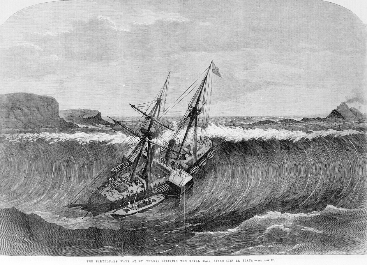 1867年の津波。セント・トーマスで起きた地震は、1867年に定期船「ラ・プラタ」を襲った大きな波を引き起こしました。 作： 無名の画家