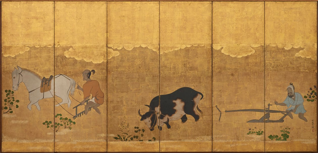 田んぼを耕し、荒廃させる 2 人の農民 作： 無名の画家