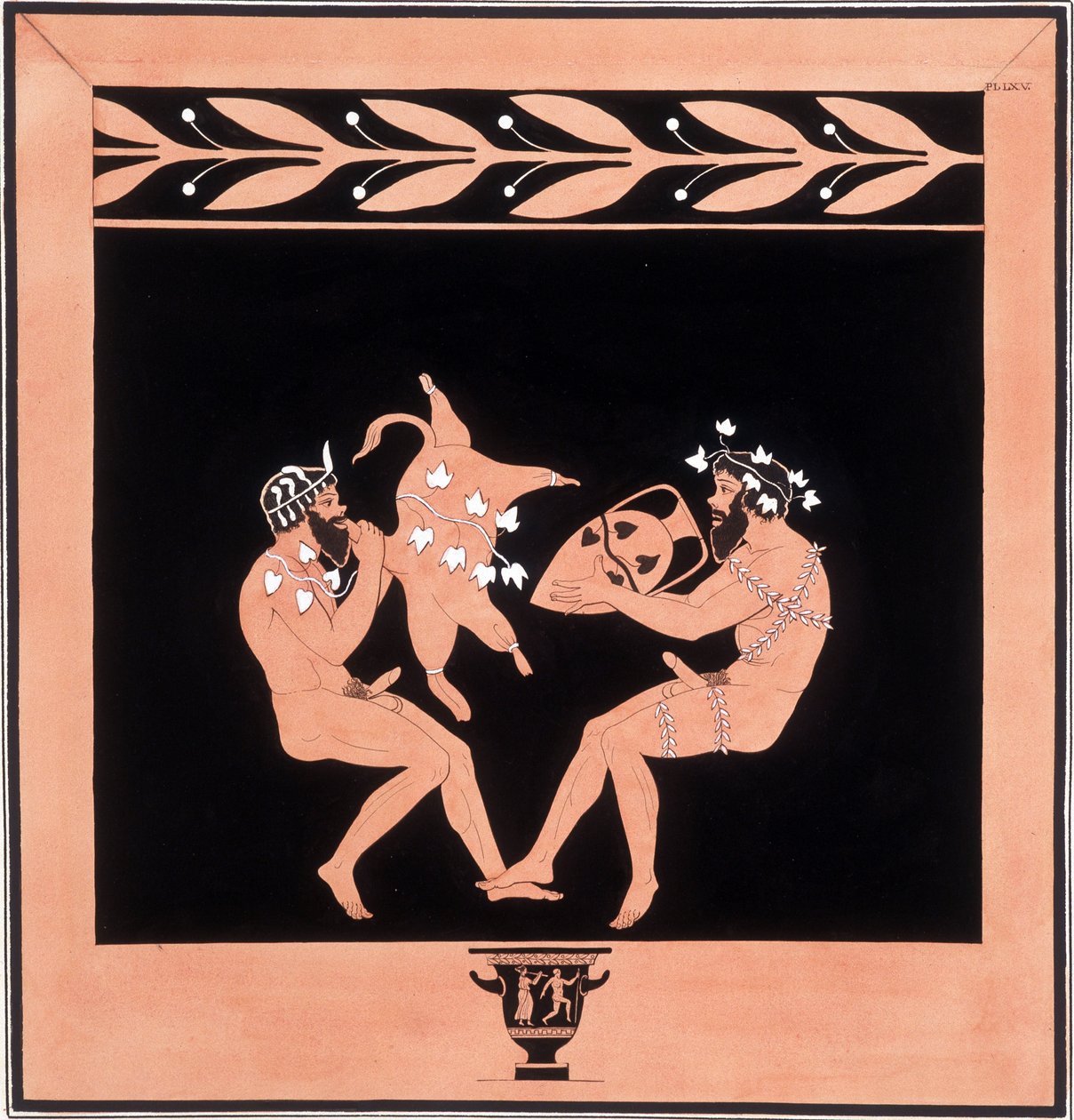 Zwei Faune essen und trinken Wein - „Gemälde antiker Vasen, vulgär etruskisch genannt“, aus verschiedenen Sammlungen entnommen und von A. Clener graviert, begleitet von Erklärungen von A.L. Millen. Von Dubois-Maisonneuve. Bibliothek von Maisons Alfort, Vet von Unknown artist