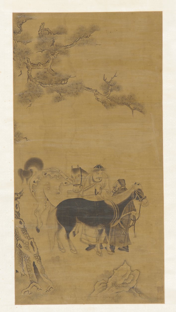 松の木の下に二人の男と二頭の馬 作： 無名の画家
