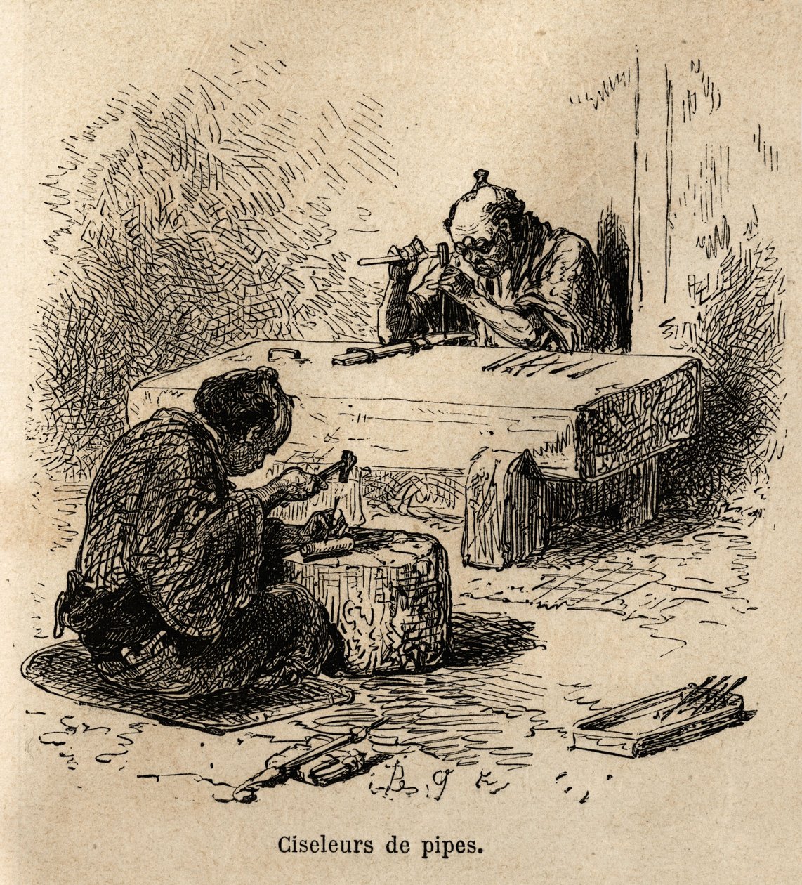 二人の労働者がそれぞれハンマーとポンチを持ち、作業場で金属パイプを彫っている。1863年から1864年にかけて、スイス連邦公使のアイム・アンベールが日本への旅を説明するために描いたもので、「le tour du monde」に掲載された。 作： 無名の画家