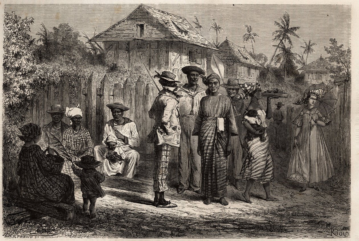 Typen von Eingeborenen aus Cayenne (Französisch-Guayana), Frauen gekleidet in Sapling (geknotetes Kleid) aus Madras und mit bunten Turbanen, die Männer haben das westliche Kostüm übernommen. Gravur zur Illustration der Reise nach Französisch-Guayana in den von Unknown artist