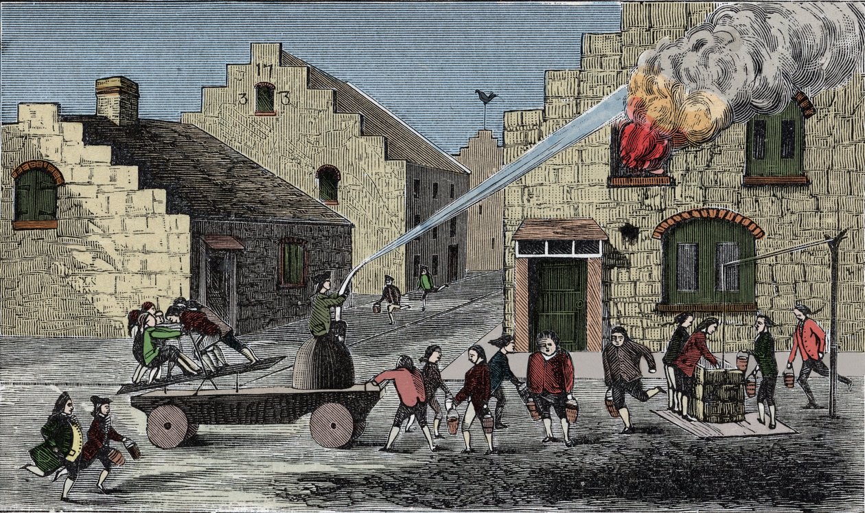 火災を消火するための消火ポンプの使用。1733年の刻印。 作： 無名の画家