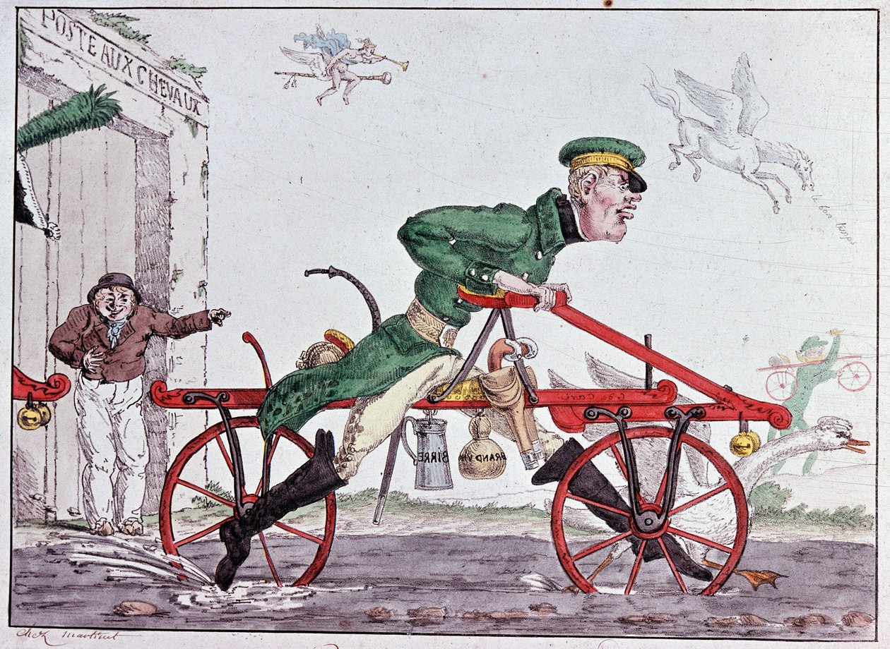 Velocipedes draisiennes - バロン・ドライスの風刺画 作： 無名の画家