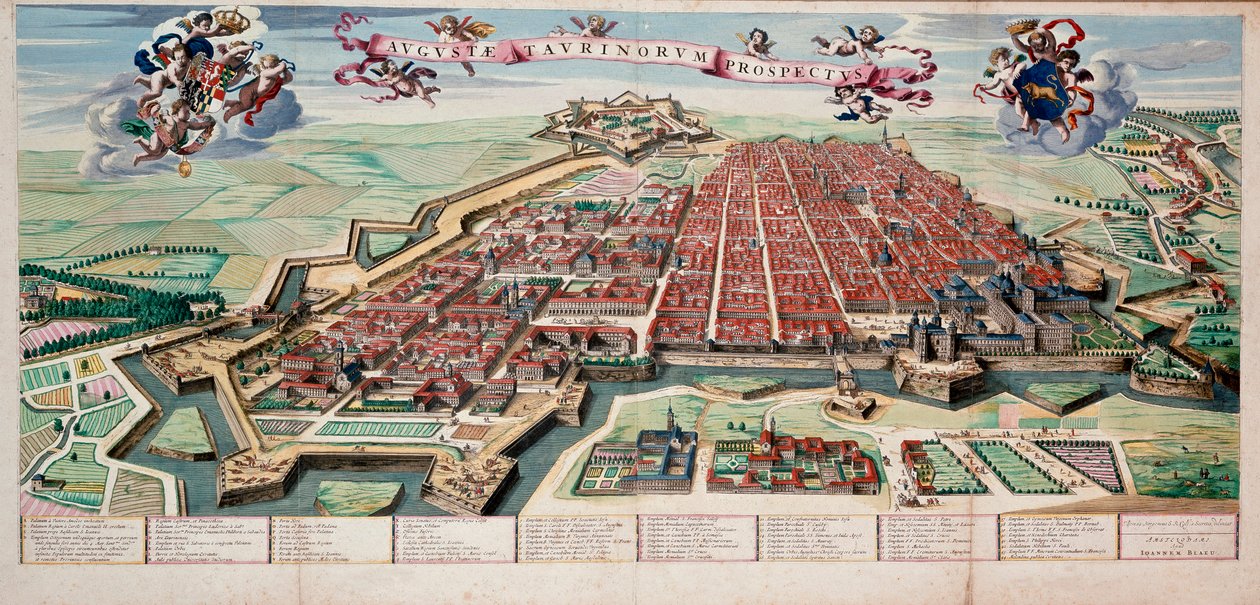 1700年のコロリープリントによるトリノ市（Torino piemonte）の眺望と地図。 作： 無名の画家