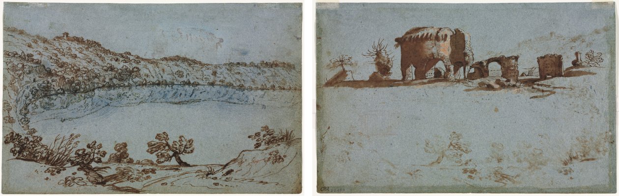 ネミ湖の眺め (右) ローマ時代の遺跡の小グループ (裏面) 作： 無名の画家