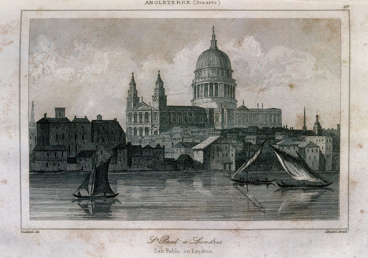 ロンドンのセント・ポール大聖堂をテムズ川の近くで見る 作： 無名の画家