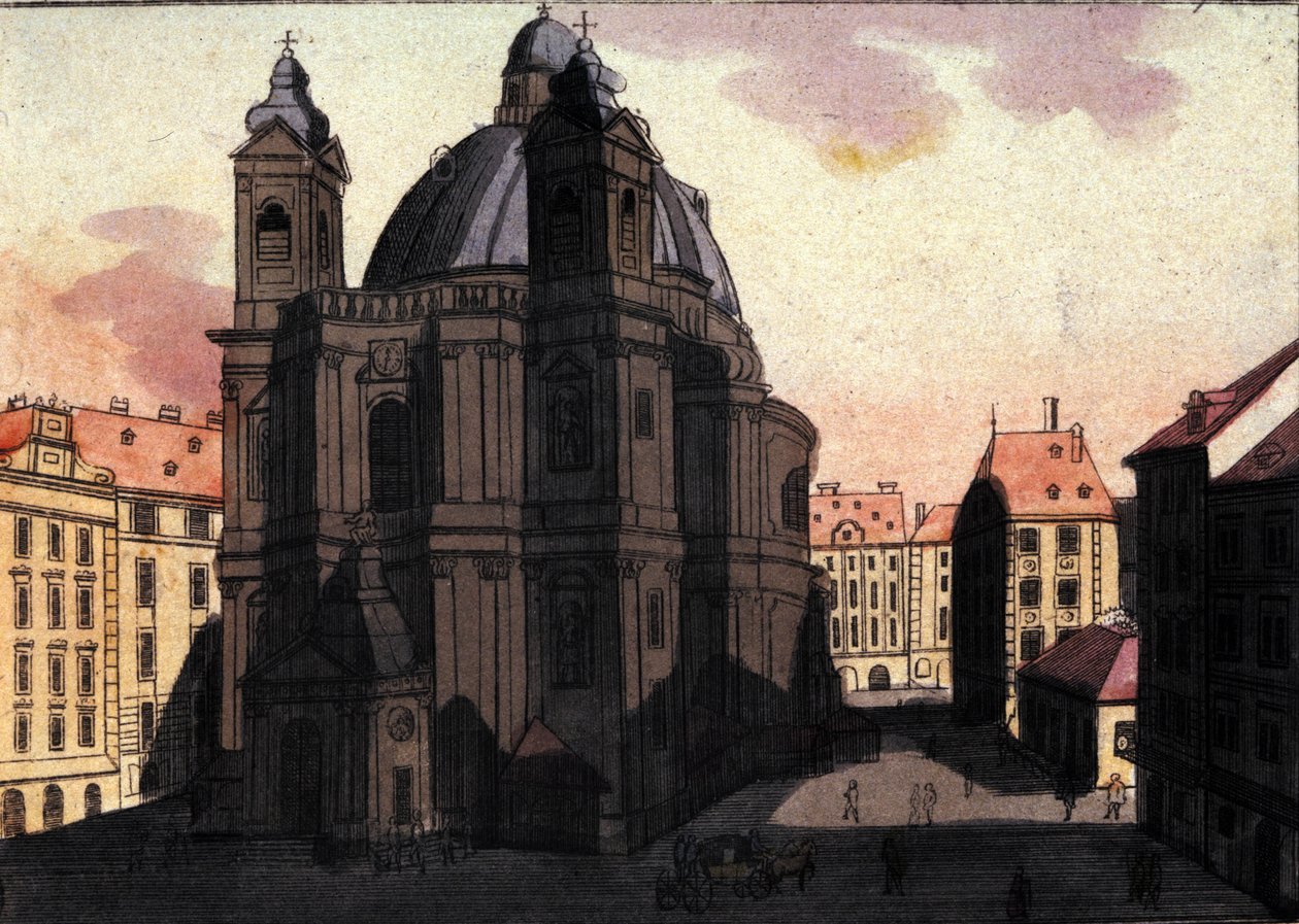 オーストリア・ウィーンのサン・ピエトロ広場と教会の眺め 1820年のエングレーヴィング 作： 無名の画家