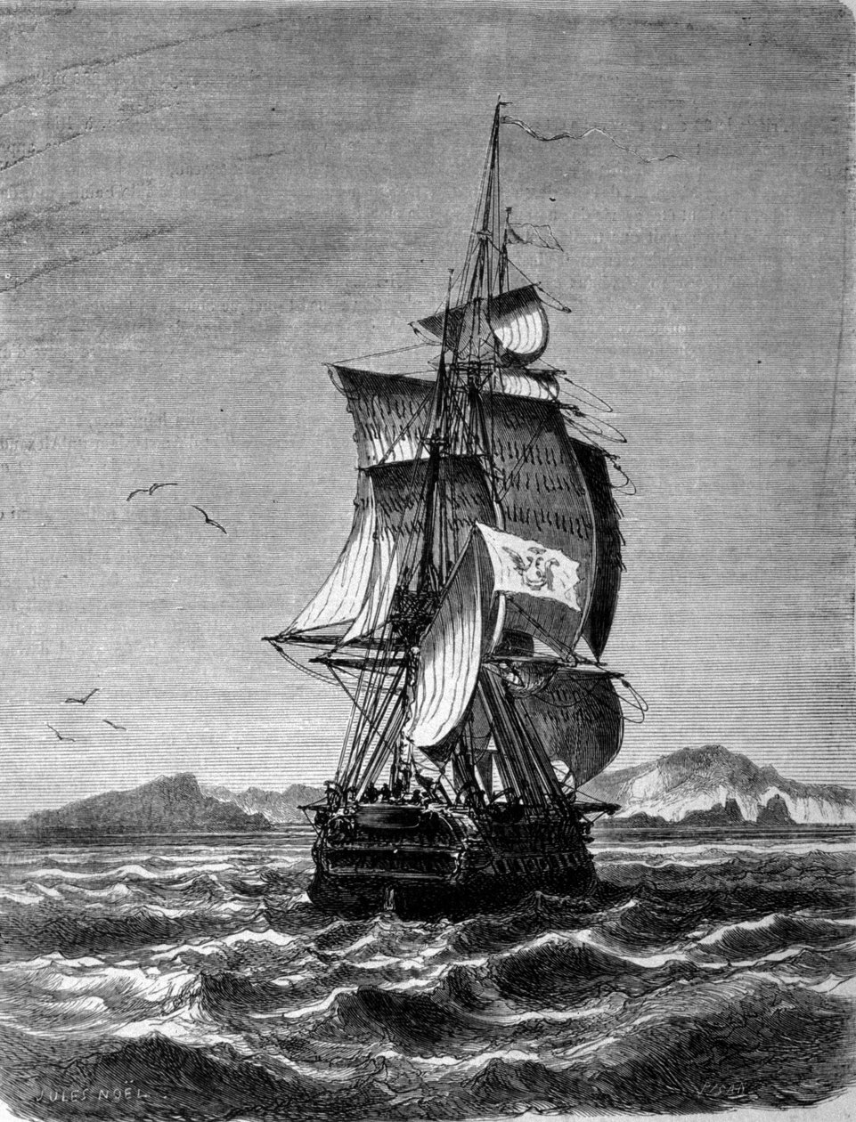 1857年、インド洋のセント・ポール島の前に立つオーストリアのフリゲート艦「ノバラ」の眺め。19世紀のエングレーヴィング 作： 無名の画家