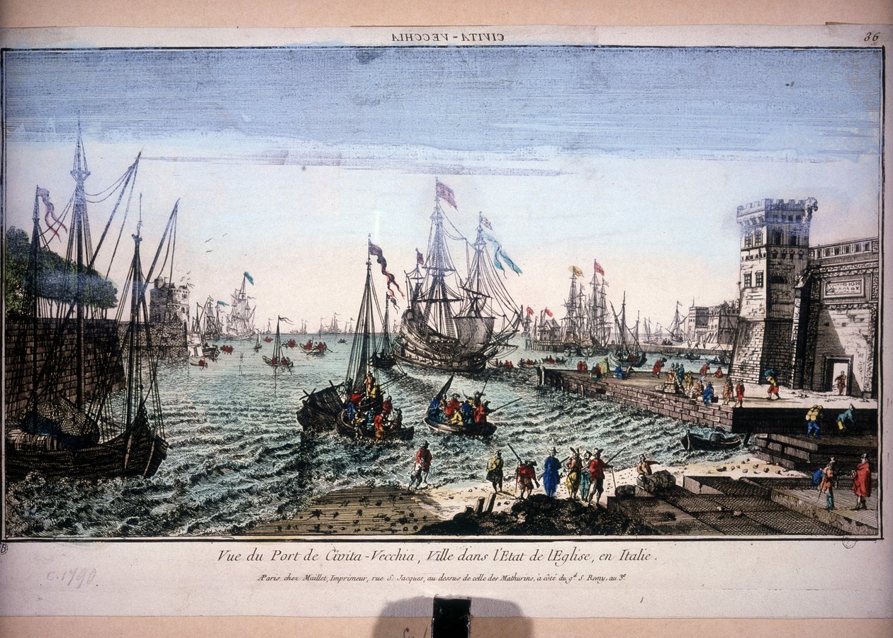 チビタベッキア港の眺め、教会状態の都市、イタリア。18世紀の光学図。 作： 無名の画家