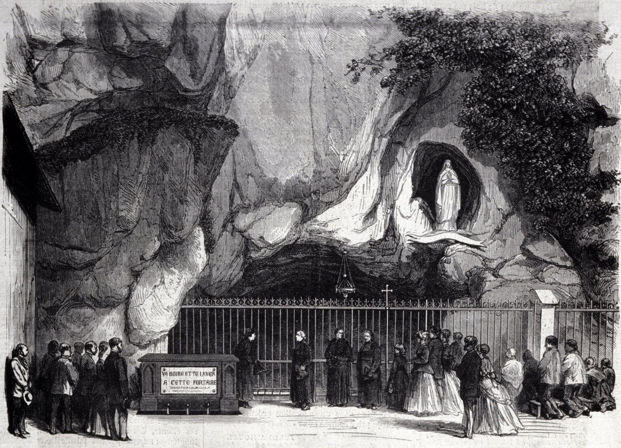 1858年にベルナデット・スービロウス（1844-1879）に聖母が現れたピレネー山脈の高地にあるルルドの洞窟（現在の巡礼地）の眺め。19世紀のエングレーヴィング 作： 無名の画家