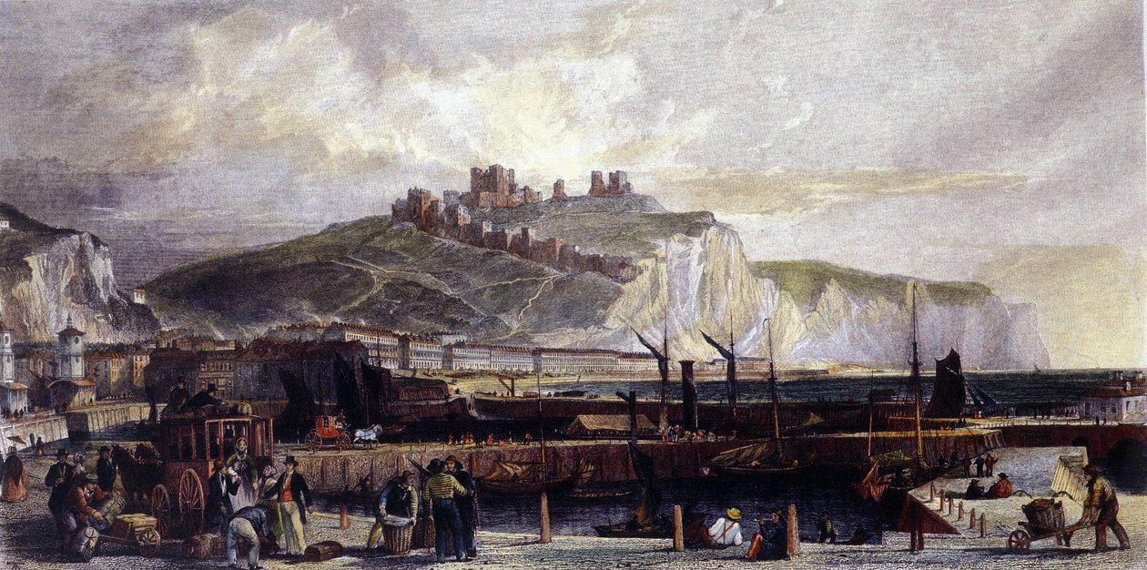 イギリスのドーバー市とその高い白亜の断崖の眺め。1850. 作： 無名の画家