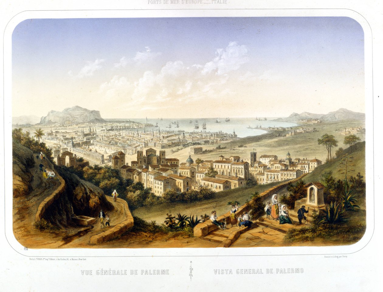 パレルモ(Palermo)の街の眺め。1850.1860年のエングレーヴィング 作： 無名の画家