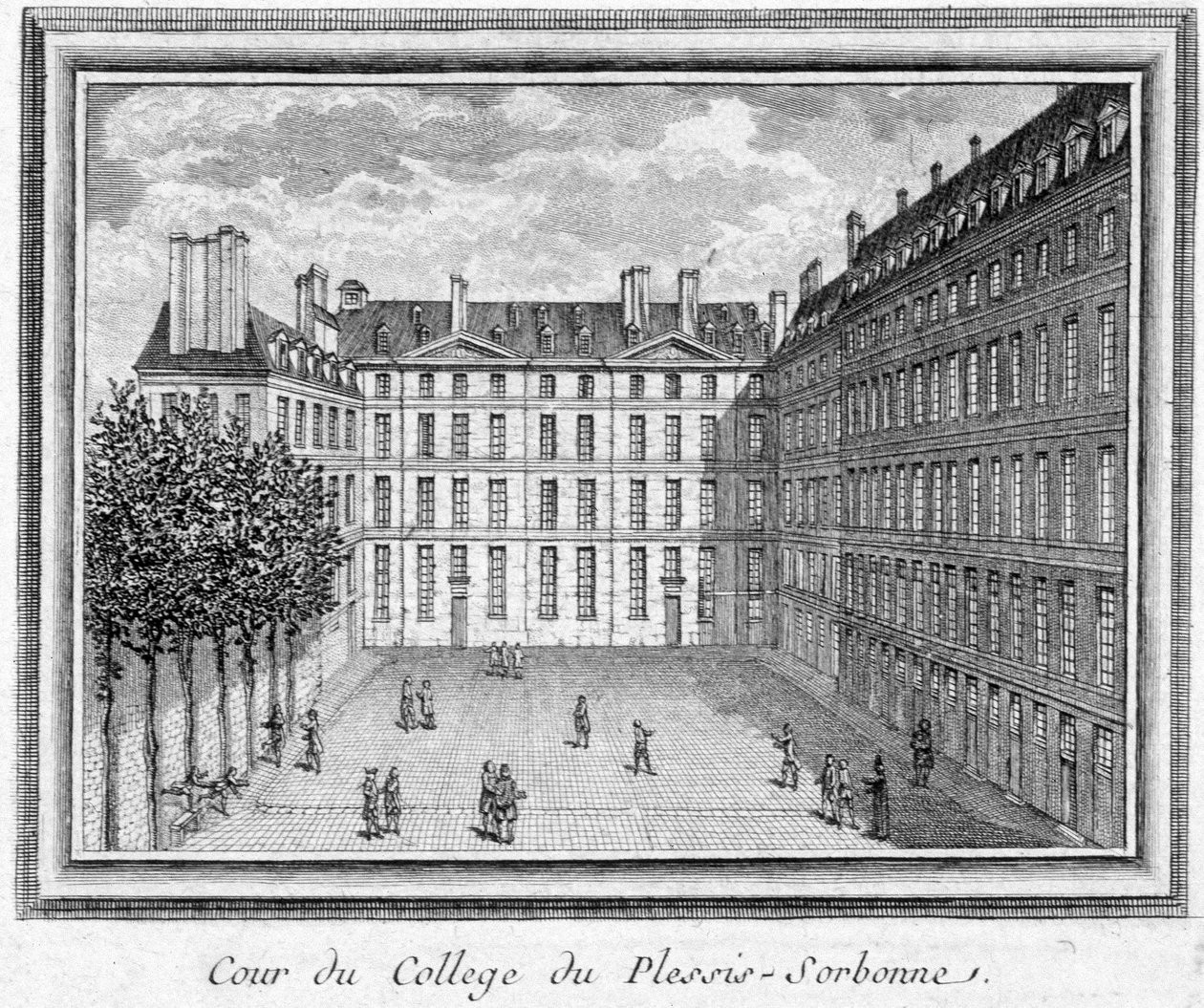 1323年にGeoffroy du Plessis Balissonによって設立され、1848年と1849年にENAによって使用されたプレシ・ソルボンヌ（パリ）の大学の中庭の様子。カルナヴァレ美術館に保存されているエングレーヴィング。 作： 無名の画家