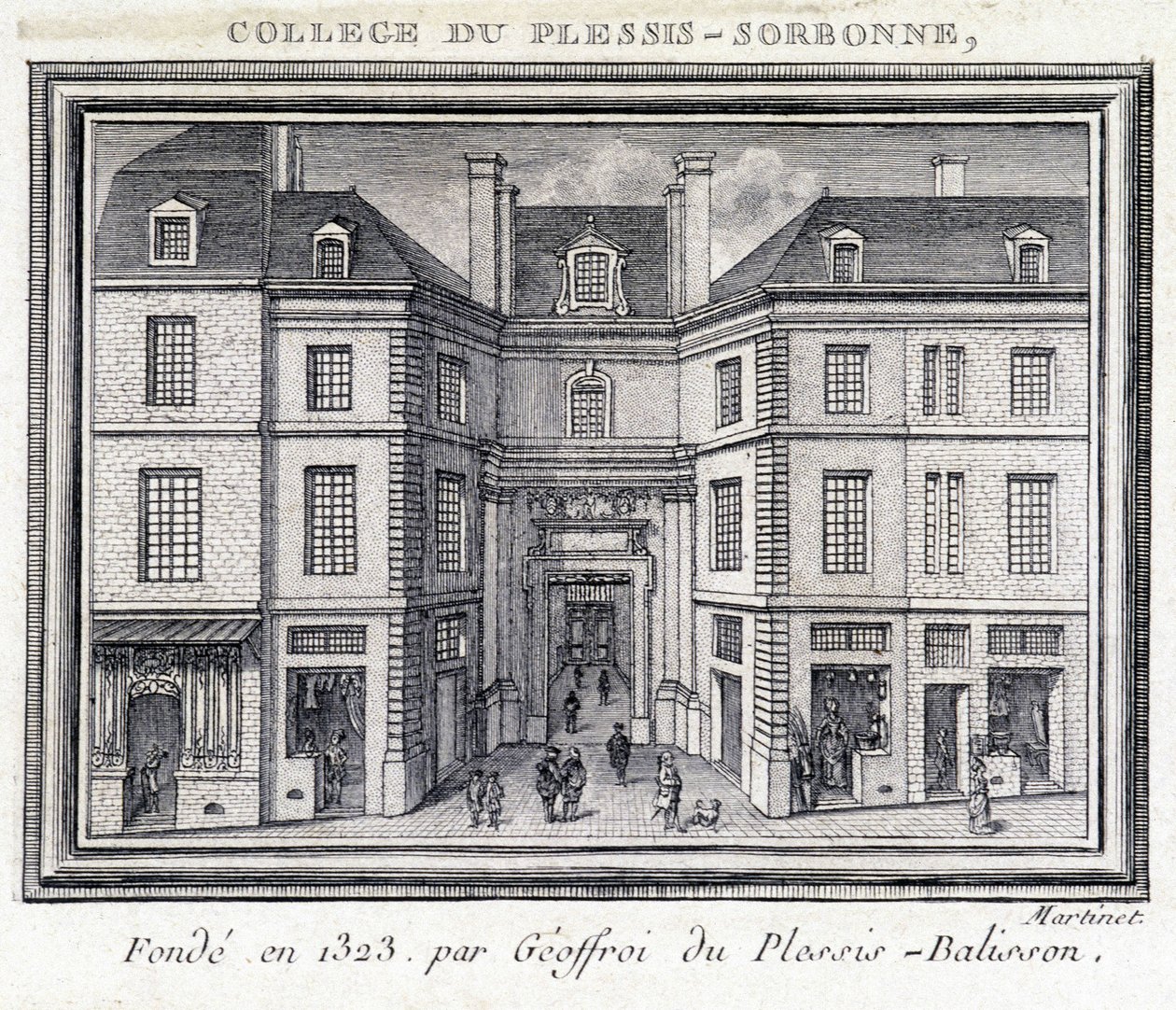 1323年にGeoffroy of Plessis Balissonによって設立され、1848年から1849年までENAによって使用されたプレシ・ソルボンヌ大学（パリ）の外観ファサードの図。パリのカルナヴァレ美術館に保存されているエングレーヴィング。 作： 無名の画家