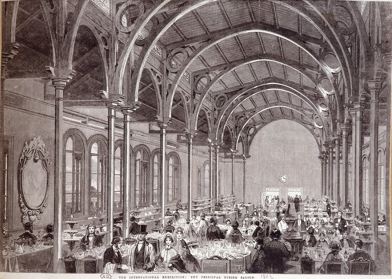 1862年にロンドンで開催された万国博覧会のメインレストランの様子。 作： 無名の画家