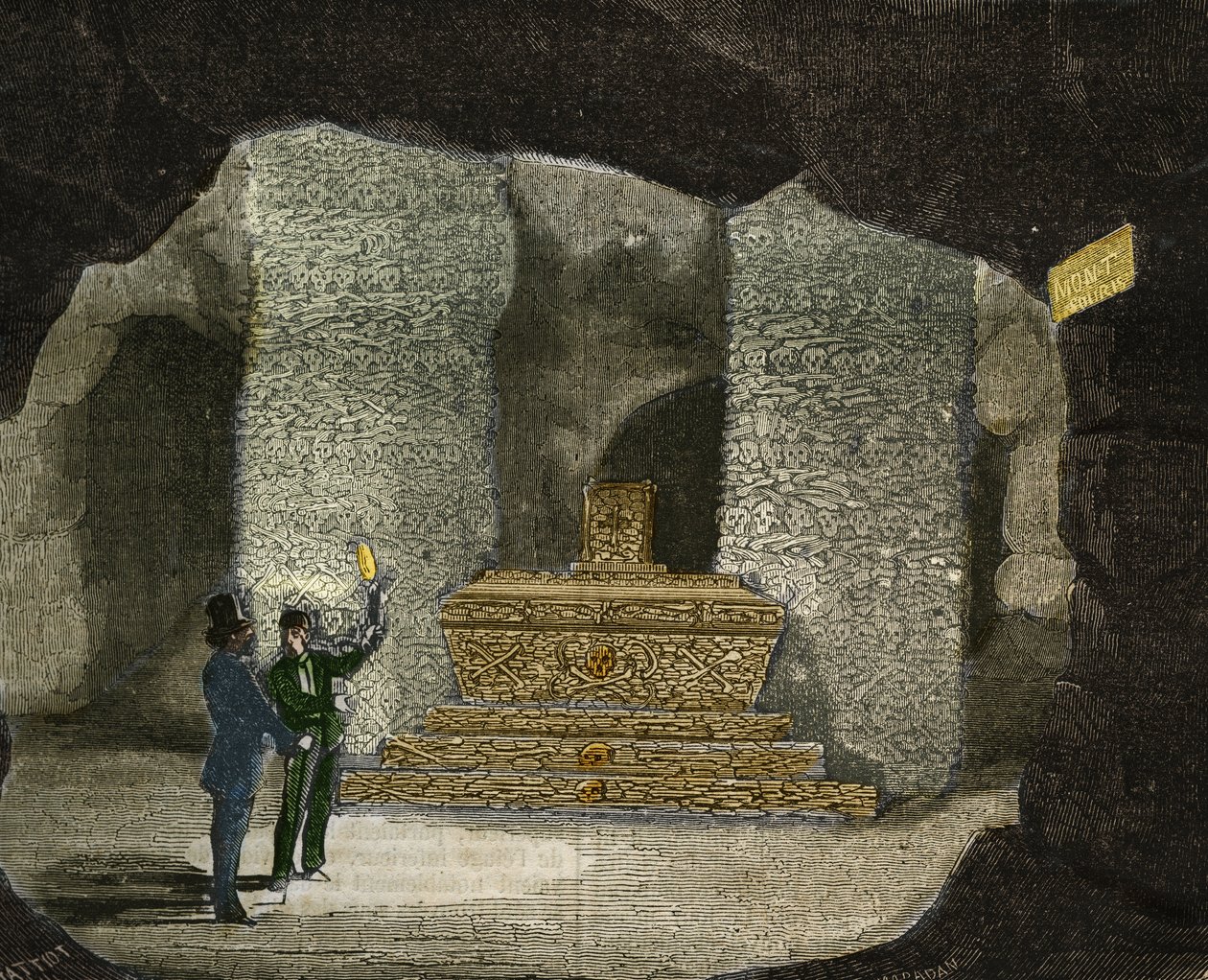 パリのモンスーリのカタコンベにある納骨堂の様子。1856年に作成された "科学博物館 "所蔵の版画 作： 無名の画家