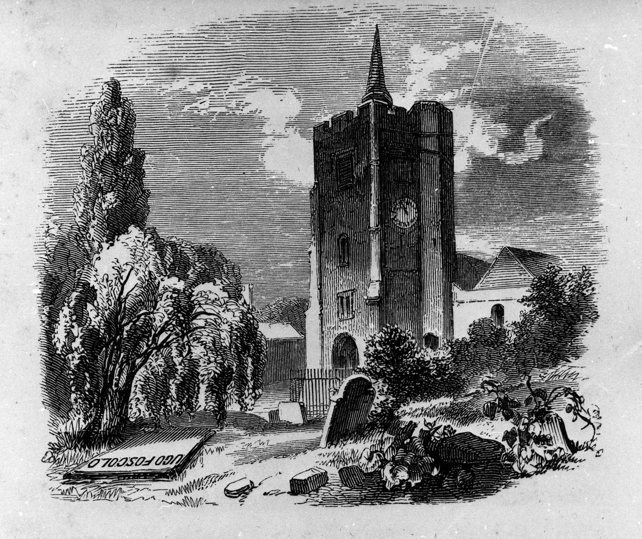 ロンドンのチズウィック墓地にあるイタリアの詩人・劇作家ウーゴ・フォスコロ(1778-1827)の墓の風景。19世紀のエングレーヴィング 作： 無名の画家