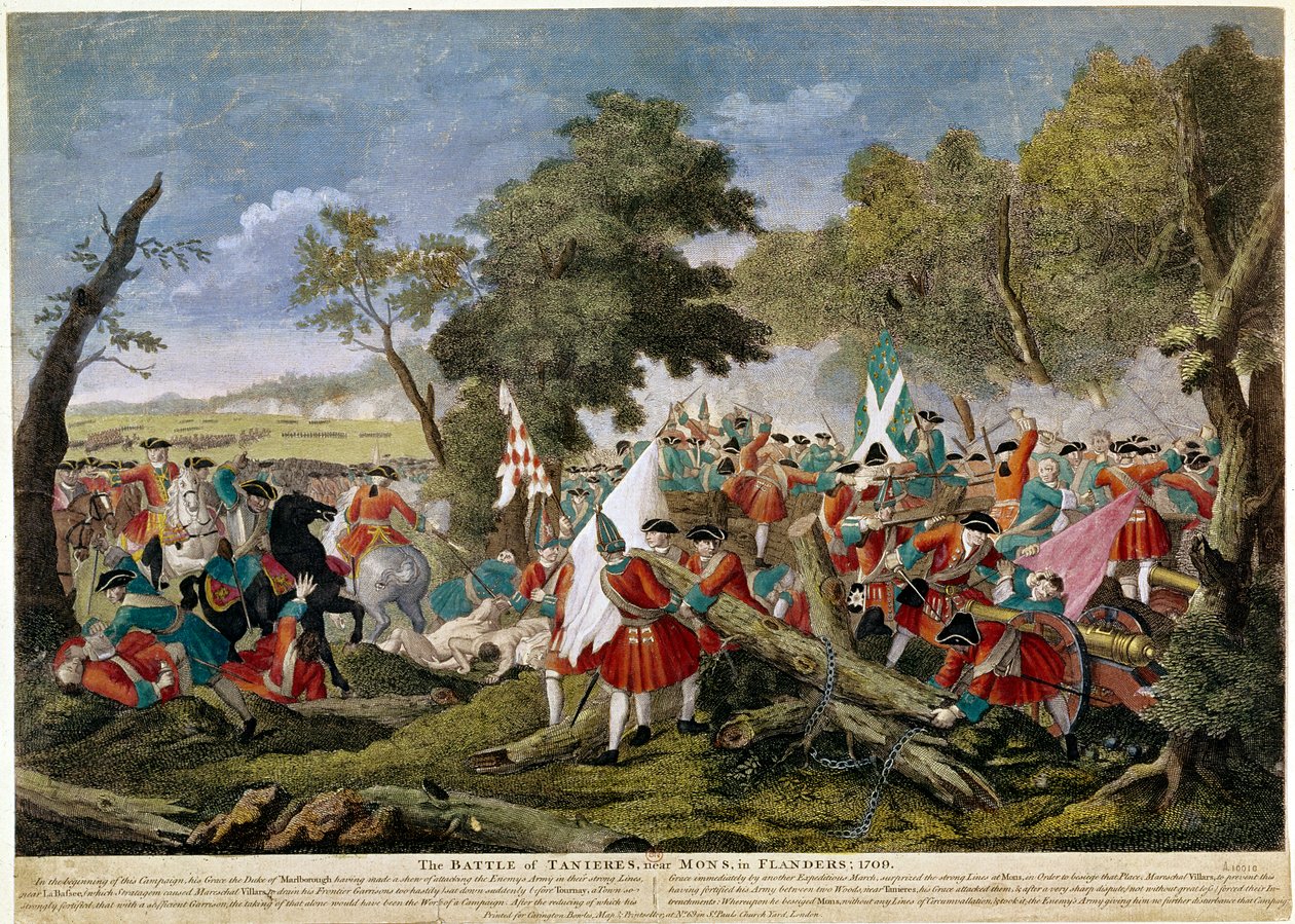 スペイン継承戦争（1701年～1714年）：フランスとベルギーの国境にあるモンス近くのマプラケの戦いの様子1709年11月09日、フランスとスペインの軍隊がイギリス、オランダ、オーストリアの連合軍と戦っている - 1709年のプリント - BN Paris 作： 無名の画家