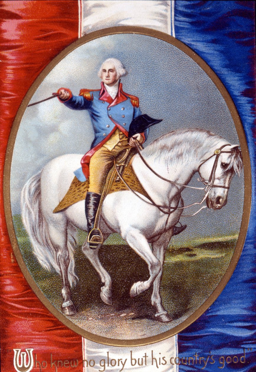 国のためになること以外に栄光を知らなかった。ジョージ・ワシントン（1732-1799）がフランス国旗の後ろのメダリオンに乗っている。 作： 無名の画家