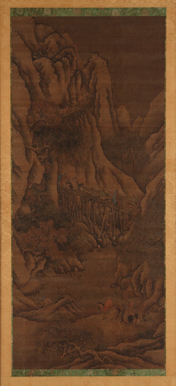 冬の風景: 丘と川。 騎馬旅行者の姿 作： 無名の画家