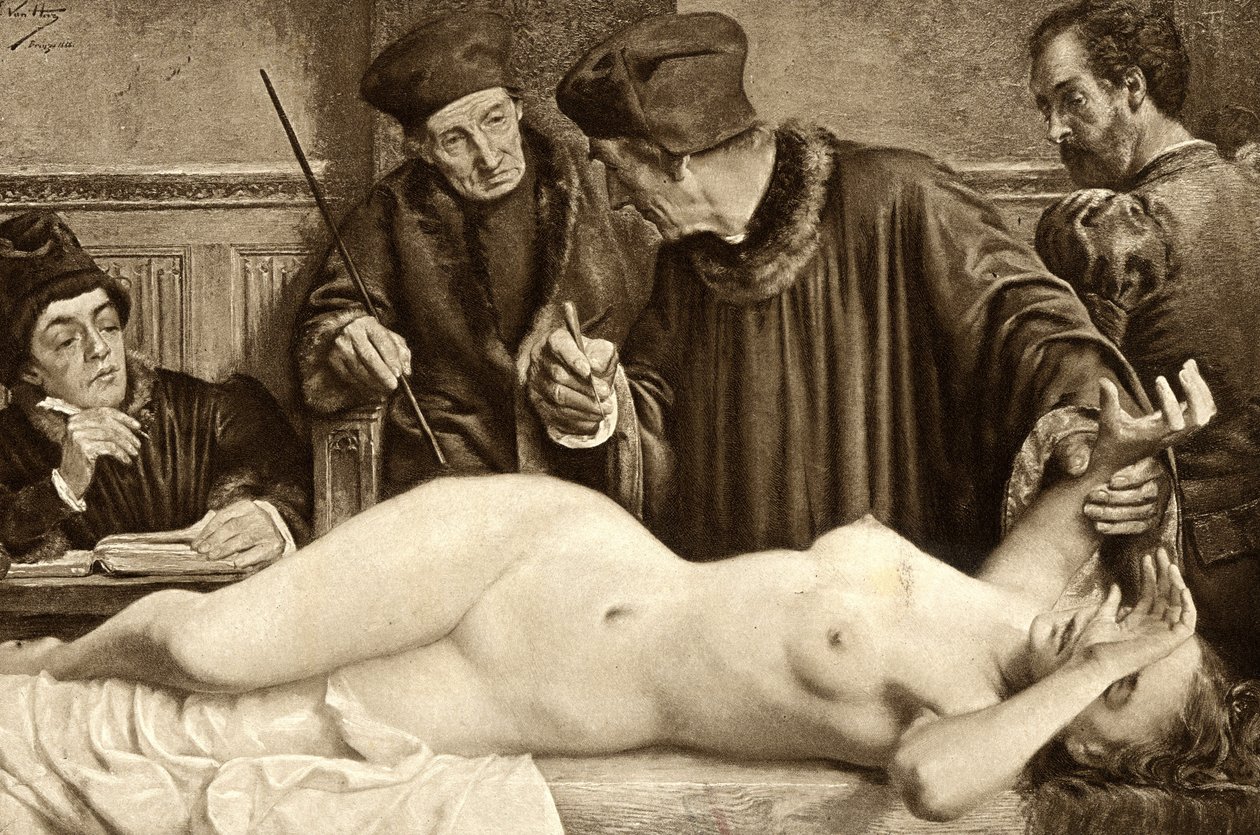 ウィッチクラフト科学者たちは、魔女の体にあるほくろをつまんで反応を調べるために探している。イラストはE.Van Hoove。1888 作： 無名の画家