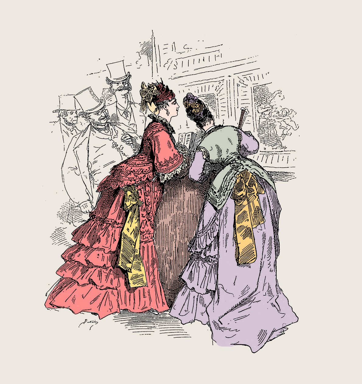 美術館にいる女性。「チャールズ・フレデリック・ワース（1825-1895）が描いたイラストが『現代の喜劇：鉛筆とペンによる習作』に掲載されました。子供、若者、壁 作： 無名の画家