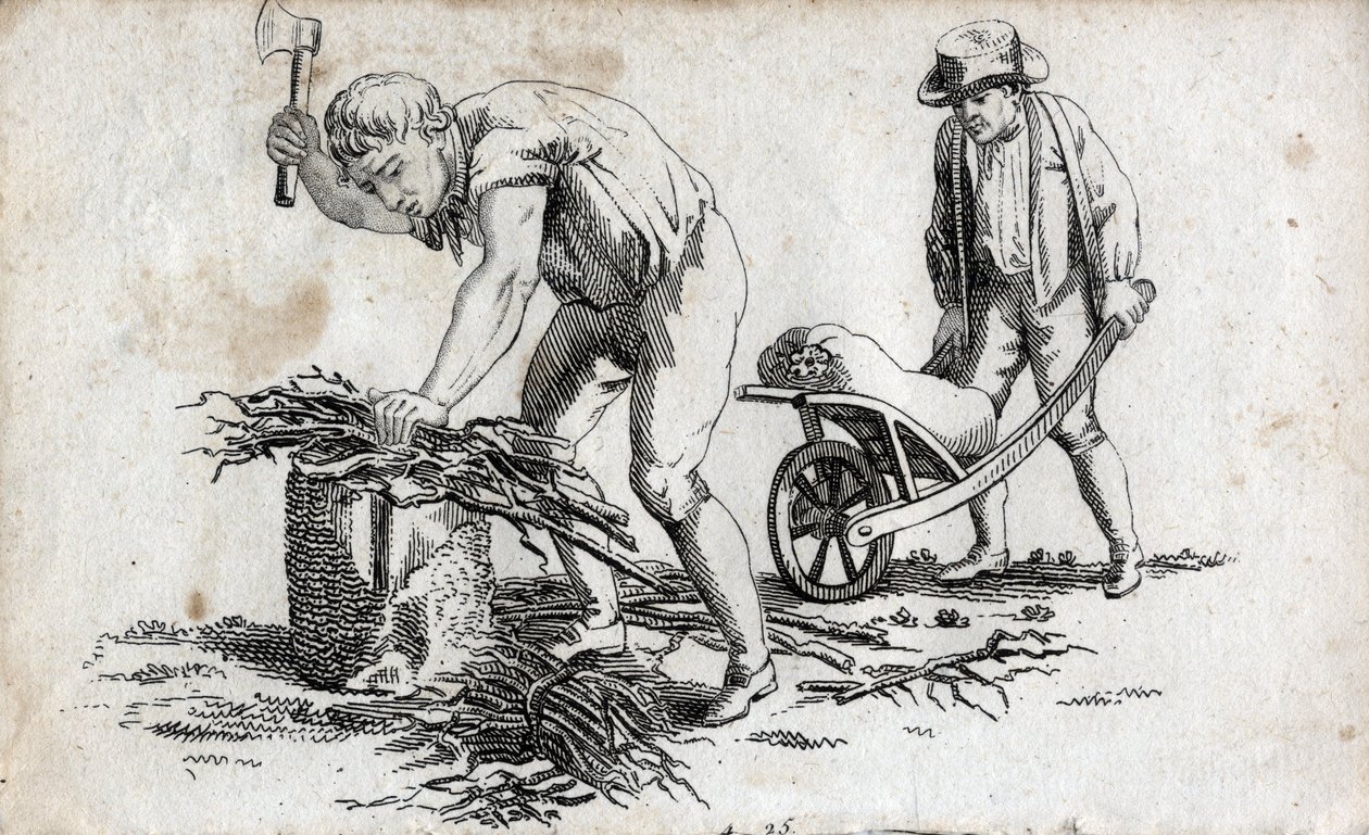 薪の束を作る木こりと、手押し車で束を運ぶ男。18世紀のエンドエングレーヴィング。個人蔵。 作： 無名の画家