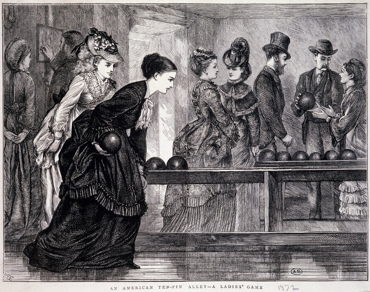 ボーリングをする若い女性たち（1870年頃、アメリカ） - 彫刻 作： 無名の画家