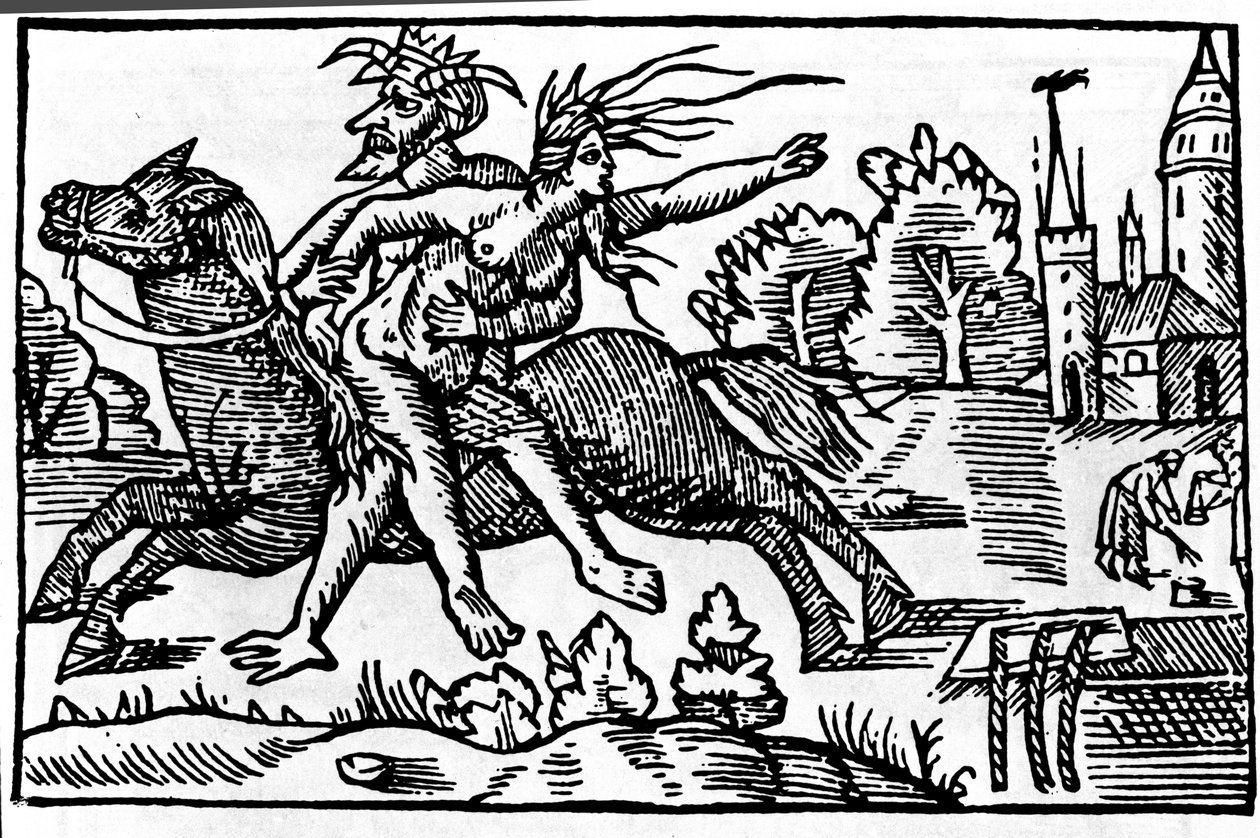 悪魔が魔女を馬から降ろし、地獄へ連れて行く。16世紀のキシログラフィー 作： 無名の画家