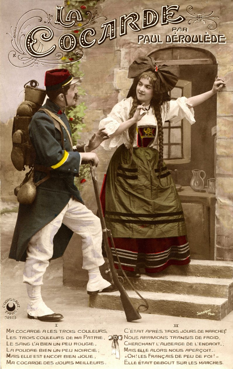 第一次世界大戦中のアルザス・ロレーヌ地方：会話するフランス軍兵士とアルザス女性。1914-1918年の絵葉書。 作： 未知の写真家