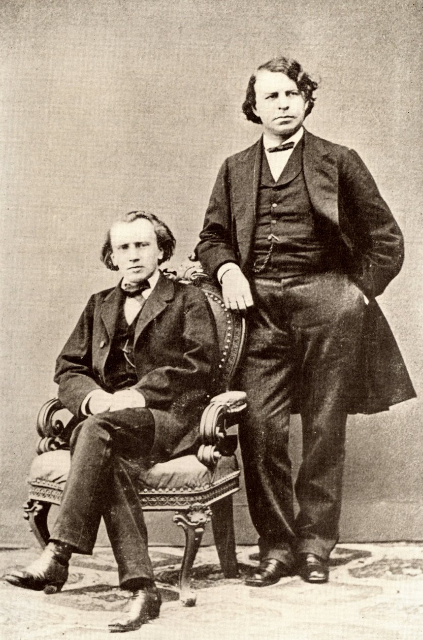 ヨハネス・ブラームス（1833-1897）ドイツの作曲家、着席、ヨーゼフ・ヨアヒム（1831-1907）ハンガリーのヴァイオリニスト、作曲家、ベルリン音楽院院長。写真のハーフトーン（プリント） 作： 未知の写真家