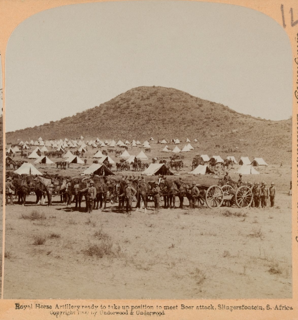 Royal Horse Artillery、Slingersfontein、ボーア戦争、1899年頃（写真、立体視） 作： 未知の写真家